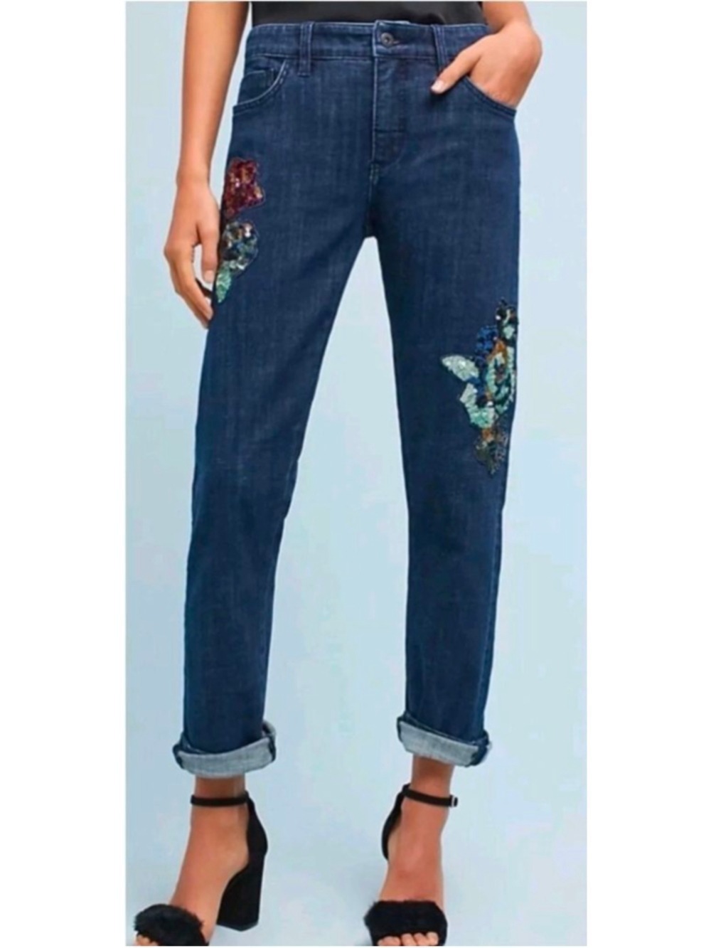 Pilcro and the Letterpress Sequin Floral Slim Boyfriend Jeans Size 31